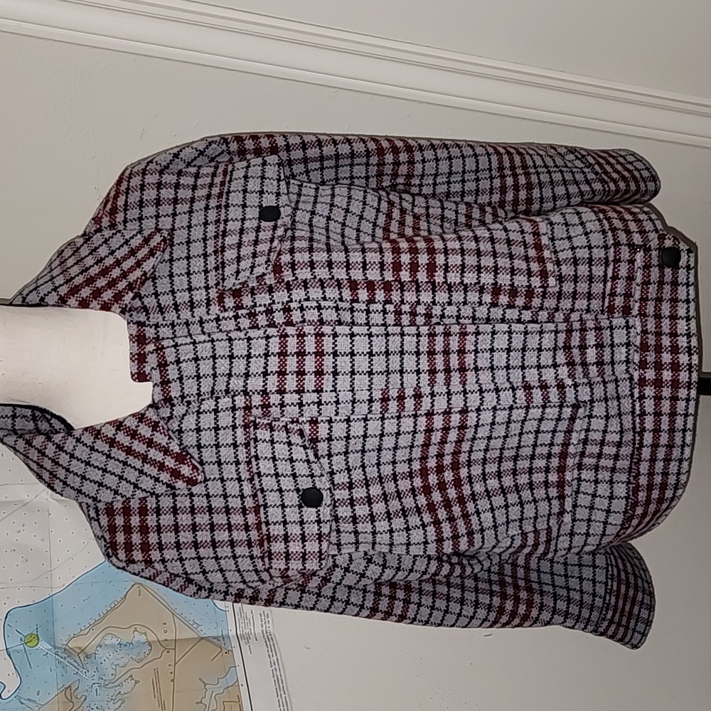 Plaid Button-Front Shacket Jacket - Red/Grey - Picture 5 of 12
